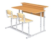 Парта школьная 2-местная 2-4 г/р с наклоном столешницы 0-35° регулируемая с полкой и стульями ПРТнстП2.24 (бук и фанера, м/к серый, квадратная труба)