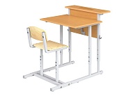 Парта школьная 1-местная 2-4 г/р с наклоном столешницы 0-35° регулируемая с полкой и стулом ПРТнстП1.24 (бук и фанера, м/к серый, квадратная труба)