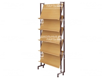 стеллаж библиотечный демонстрационный с наклонными полками СБЭ1-КЧ.Б (бук "Бавария", м/к коричневый, квадратная труба)