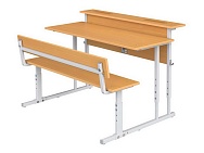 Парта школьная 2-местная 2-4 г/р с наклоном столешницы 0-35° регулируемая с полкой и скамьей ПРТнскП2.24 (бук, м/к серый, квадратная труба)