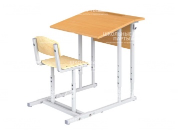 Парта школьная 1-местная 2-4 г/р с наклоном столешницы 10° регулируемая со стулом ПРТрстП1.24 (бук и фанера, м/к серый, квадратная труба)